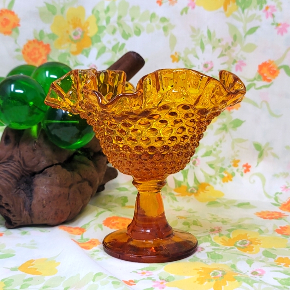 Vintage Fenton Amber Glass Hobnail Vase Pedestal Candy Dish Ruffled Edge